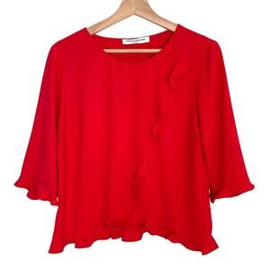 Revolve Amanda Uprichard‎ Silky Flounce Top 3/4 Sleeve Valentine | Red | SZ M